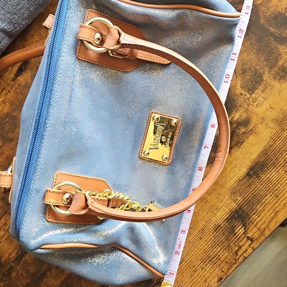 Vintage Y2K Valentina Italian Leather Blue Sparkly Shoulder Bag w Gold Hardware - Picture 12 of 13